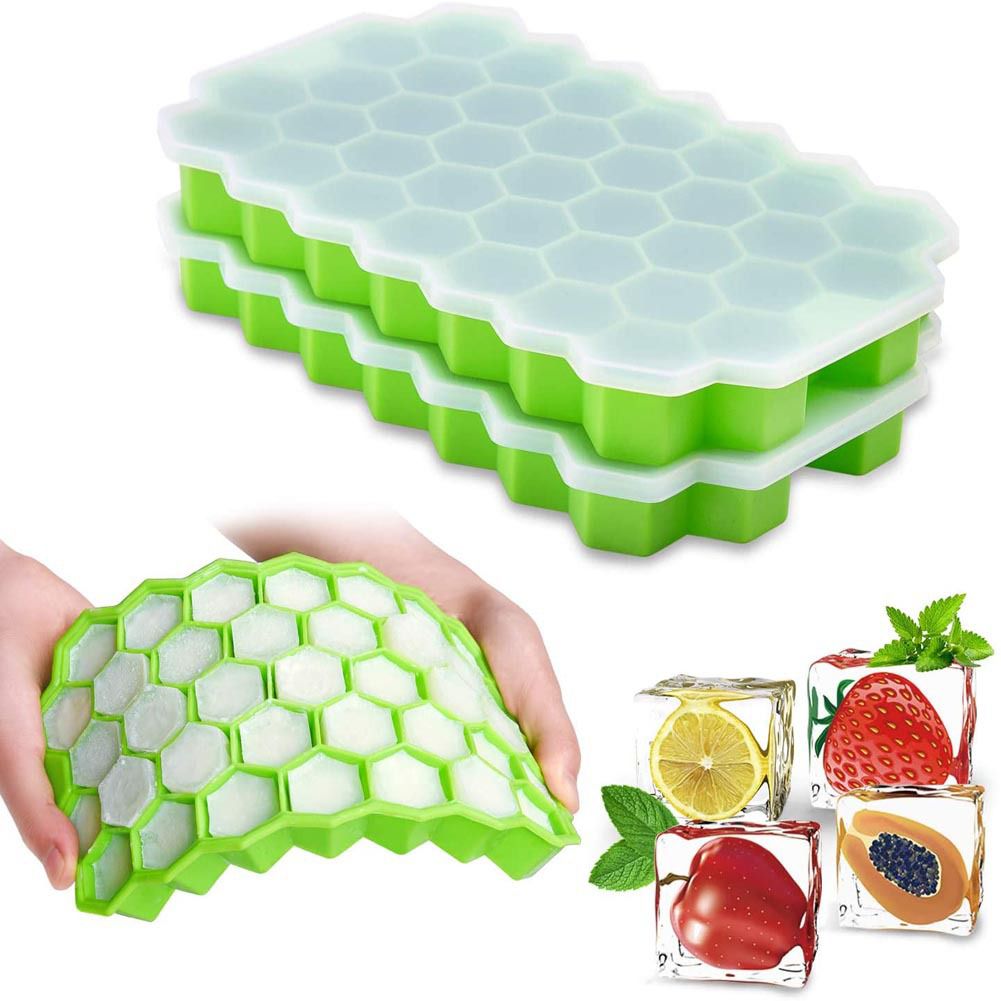 2 Pcs Silicone Ice Cube Tray With LID - 36 Cube Honeycomb Extra Large Size