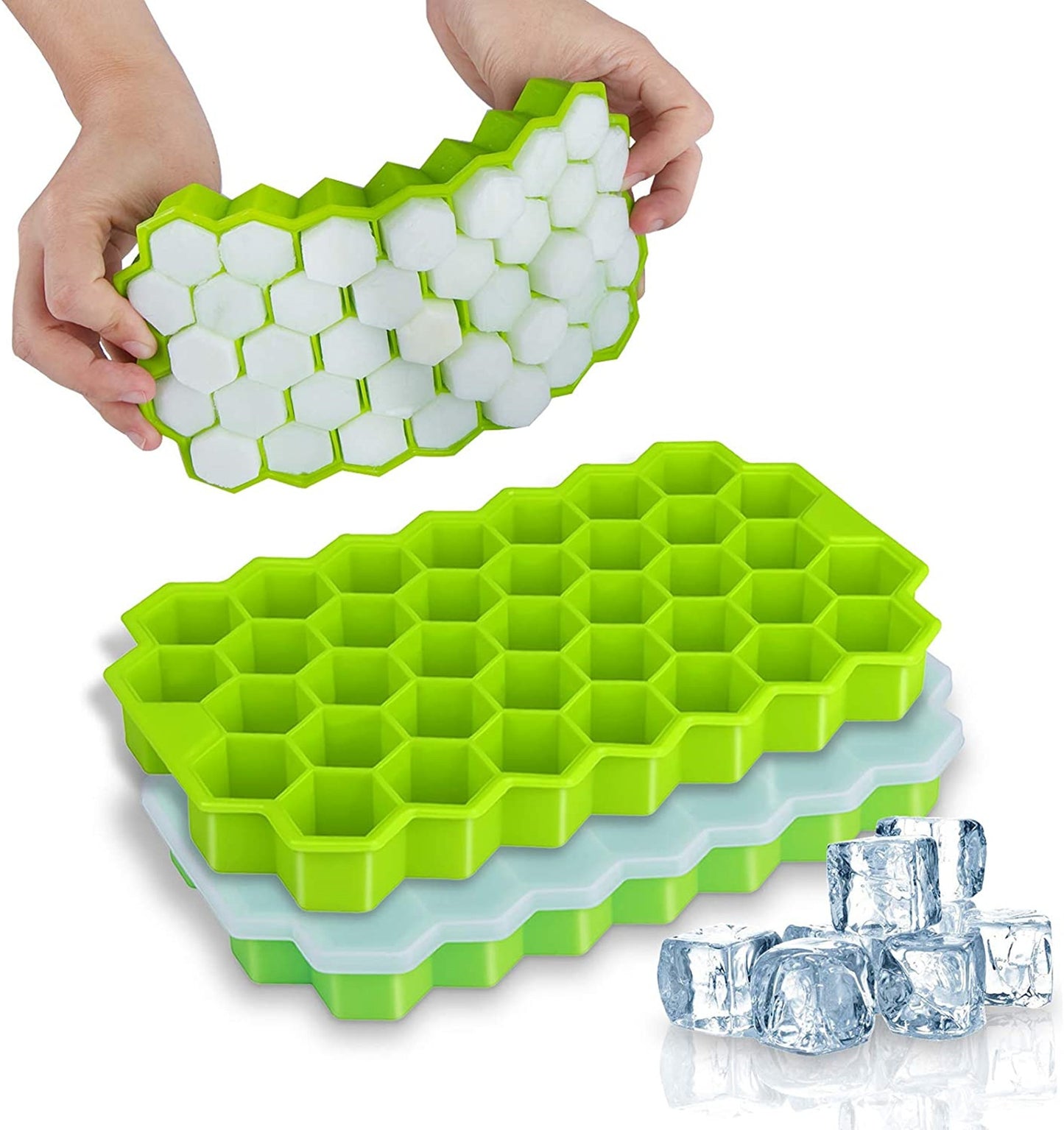 2 Pcs Silicone Ice Cube Tray With LID - 36 Cube Honeycomb Extra Large Size